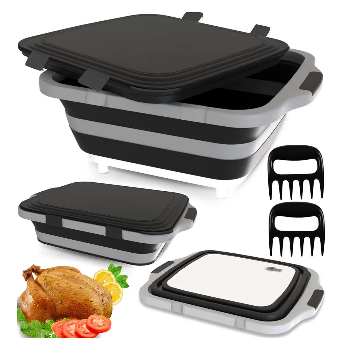 Collapible BBQ Prep Tub with 2 Pcs Meat Shredder Claws