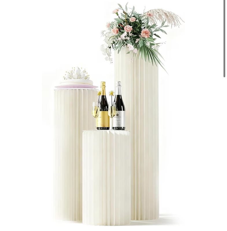 3 Pack Portable White Cylinder Stands for Party, 31.5", 23.6", 15.7" Height Foldable Cardboard Tall Cake Pedestal Stand Flower Floral Pillar Table Stand, cilindros para fiestas redondos blancos for We