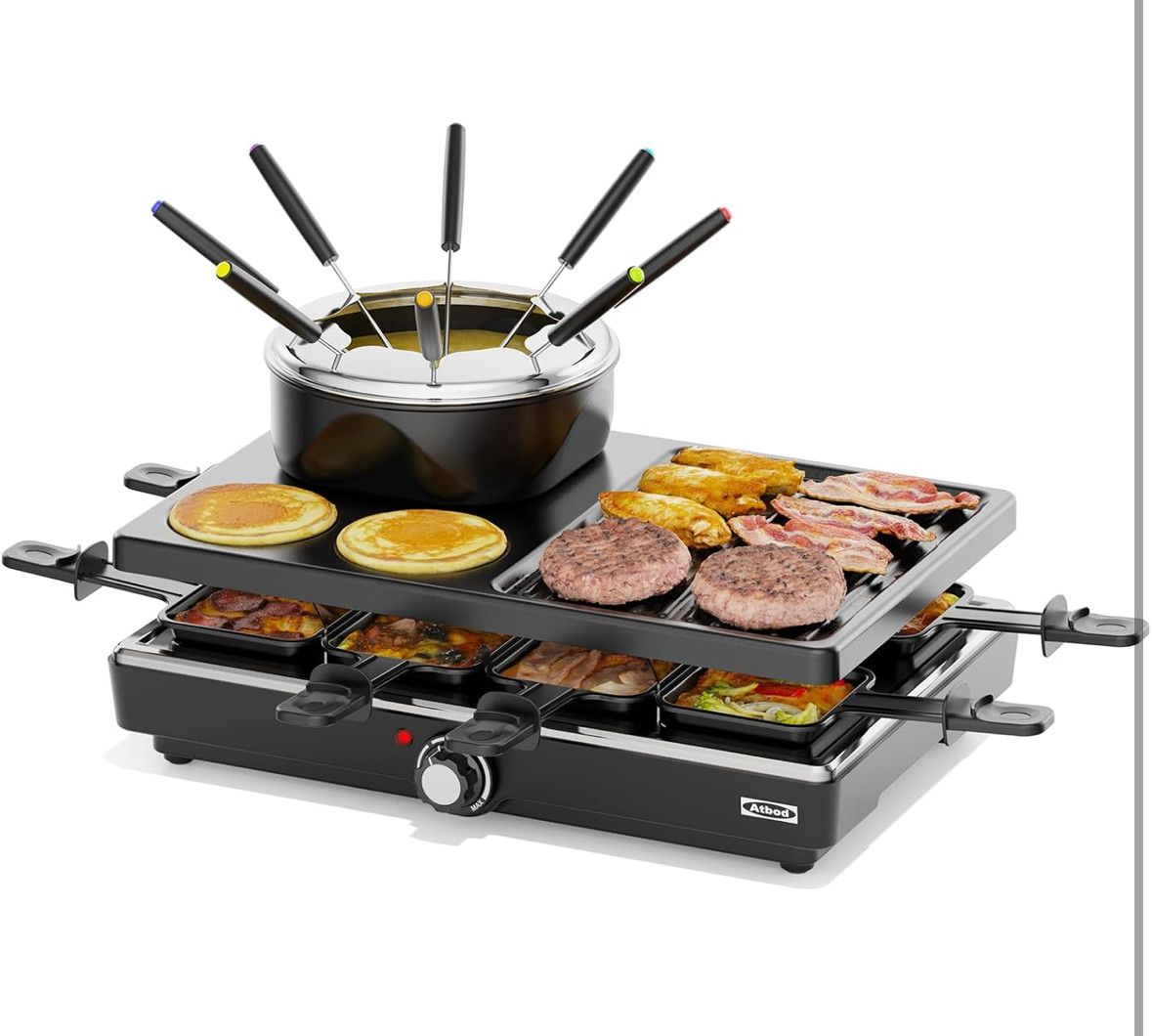 Electric Fondue Pot Sets, Electric lndoor Raclette Table Grill for 8 People, Adjustable Temperature Control and 8 Paddles, Perfect for Parties and Family Fun (Fondue Pot Set with Pancake Baking Tray)