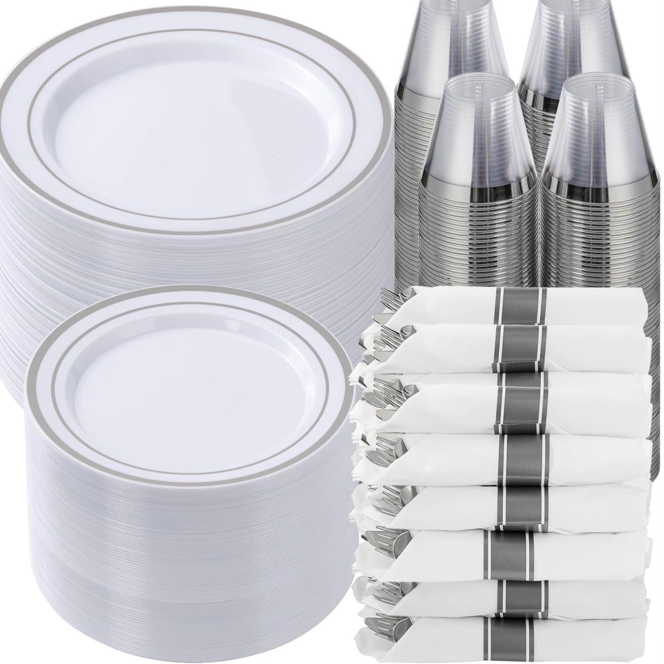 Good luck 700 Piece Silver Plastic Dinnerware Set for 100 Guests