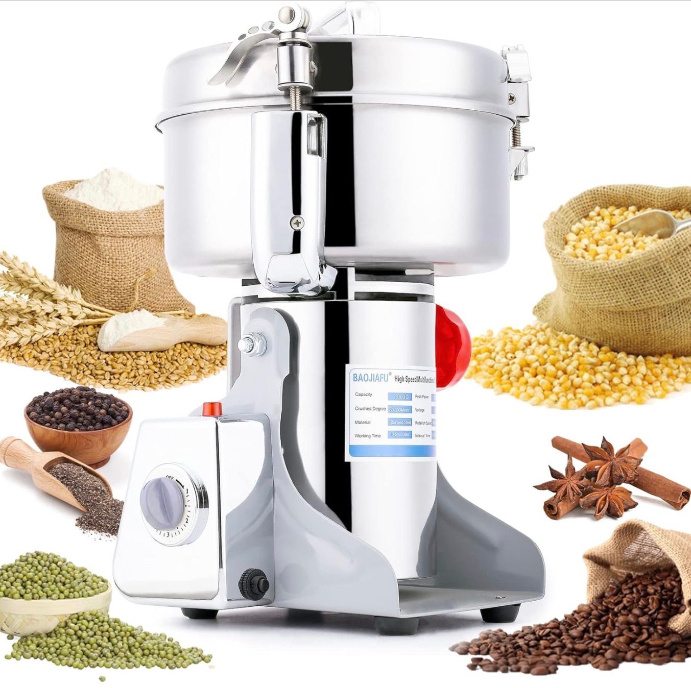 1000g Grain Mill, 304 Stainless Steel Spice Grinder, 3000W High-speed