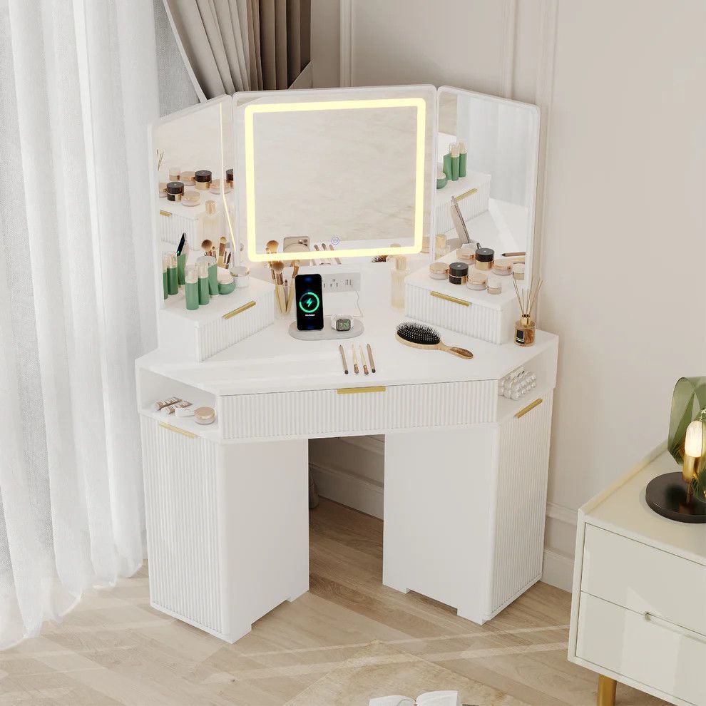 Corner Vanity Desk with Lighted Mirror