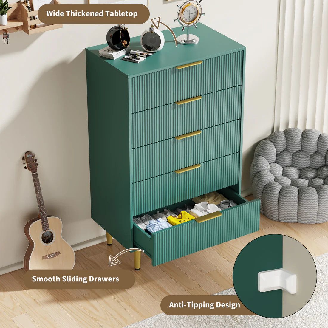 5 Drawer Dresser Modern Green Fluted Wood Chest of Drawers