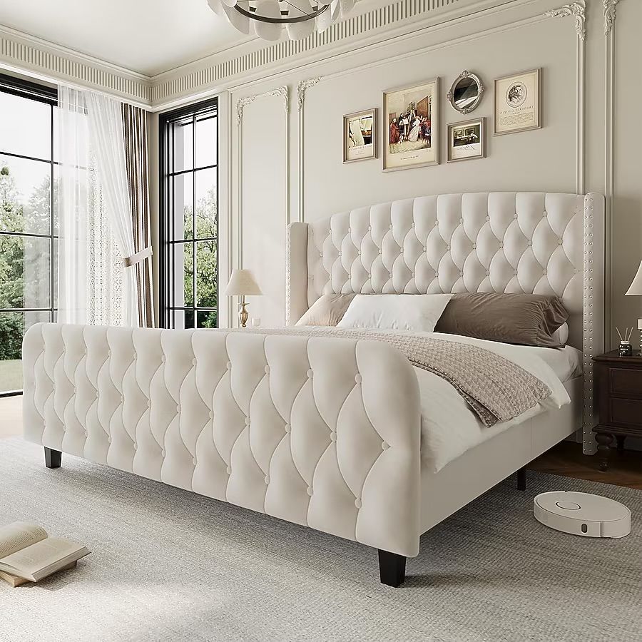 Queen Upholstered Bed Frame-51in Tall-Wingback