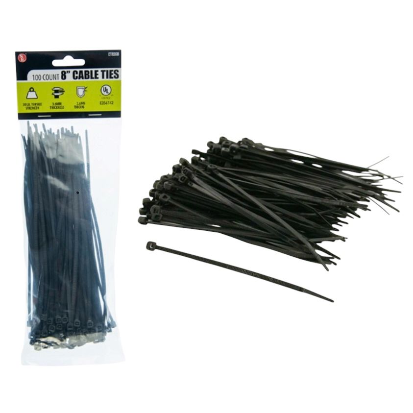 8"X3.6MM Cable Ties 100 Pcs in Bag - Black Color (30LBS)