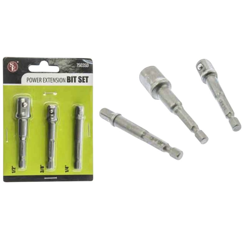 3PC Power Extension Bits, Sizes 1/4", 3/8", &amp; 1/2"