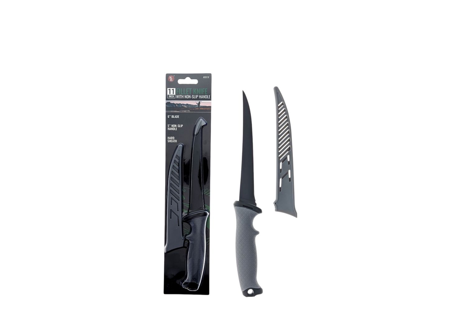 11" Fillet Knife With Non-Slip Handle and Hard Sheath(Black blade/Grey Handle)