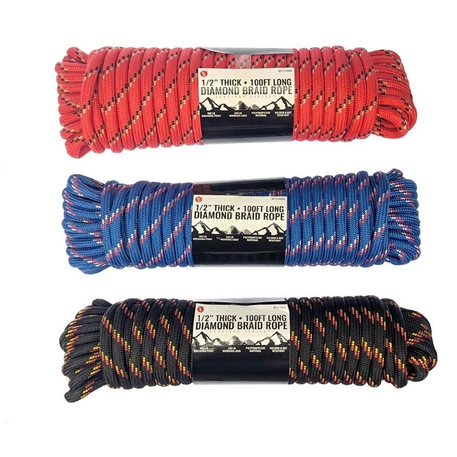 100'x1/2"Diamond Braid Rope,800 LBS Breaking/260 LBS Working Load