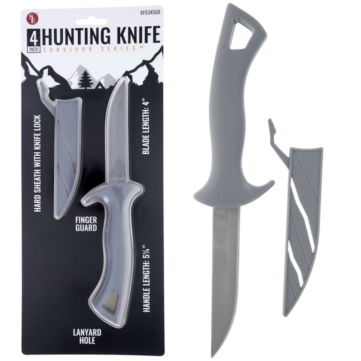 4" Hunting Knife With Gray Handle and Hard Sheath, Finger Guard