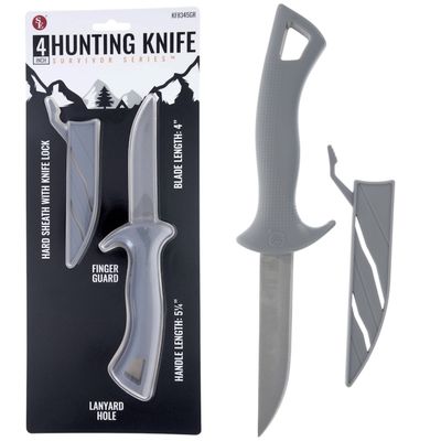 4" Hunting Knife With Gray Handle and Hard Sheath, Finger Guard