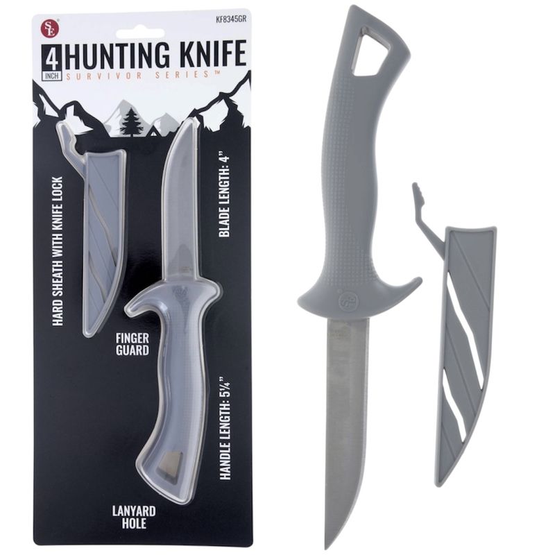 4" Hunting Knife With Gray Handle and Hard Sheath, Finger Guard