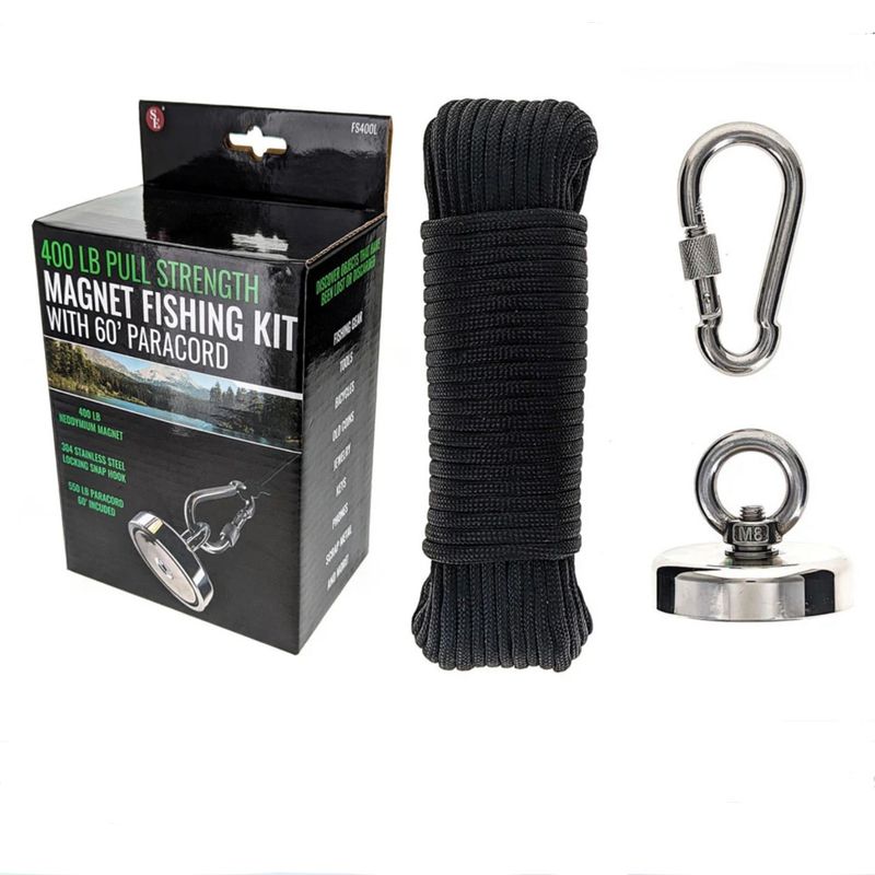 400 LBS Magnet Fishing Kit with 60'/500 Lb Paracord &amp; 304 Stainless Steel Snap Hook