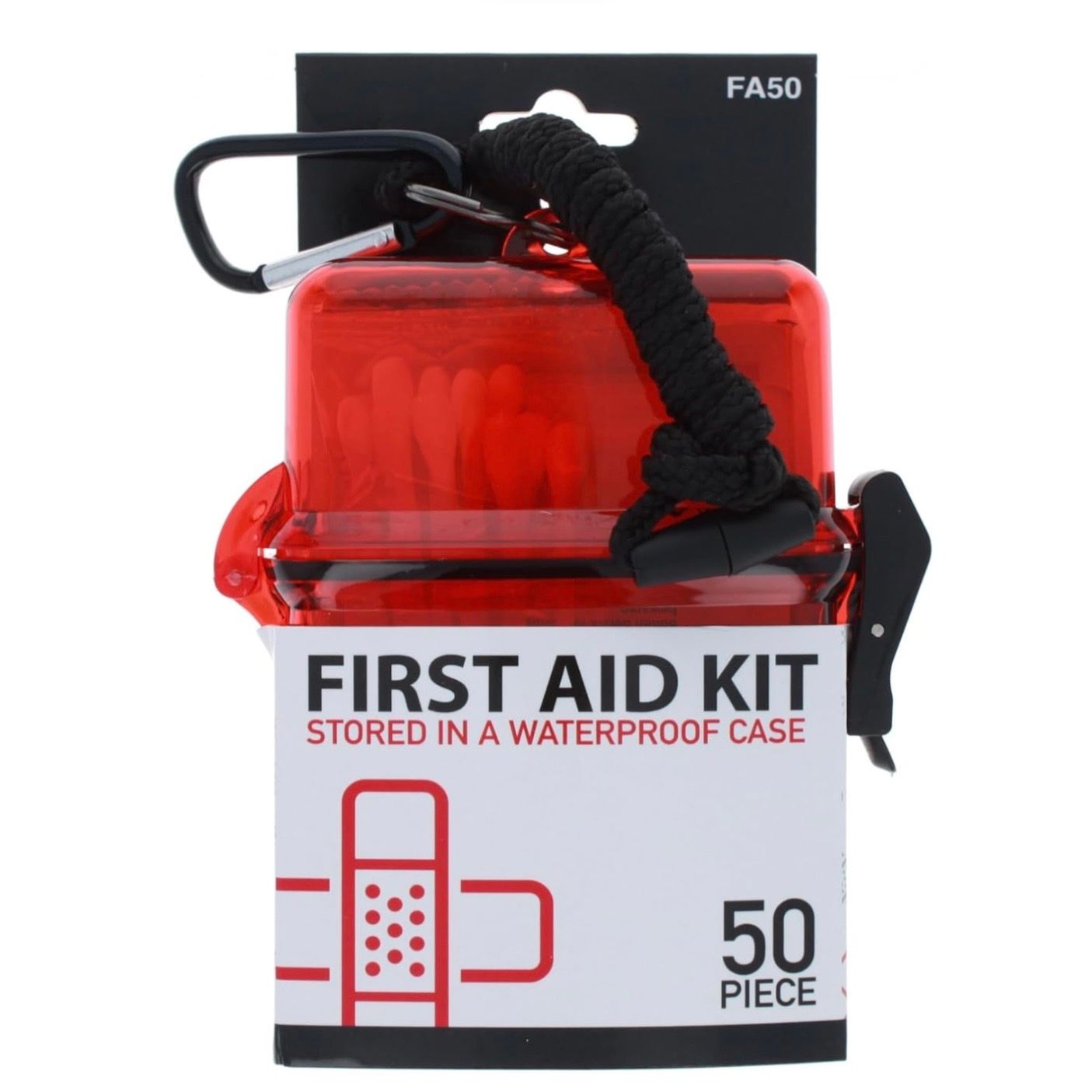 50Pc First Aid Kit-Stored in Waterproof Case With Carabineer and Lanyard