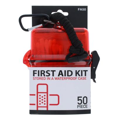50Pc First Aid Kit-Stored in Waterproof Case With Carabineer and Lanyard