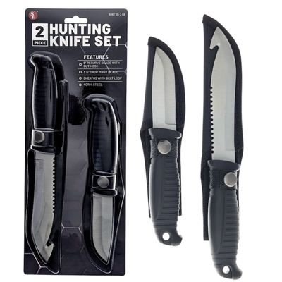2 Pc/11"&amp; 8.1/2" Black Rubberized Handle Hunting Knife Set with Sheath