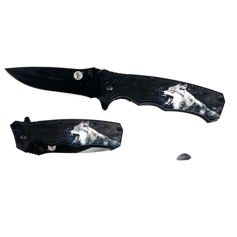 4.5"/8" Spring Assisted Drop Point Growling Wolf Design Pocket Knife with Clip