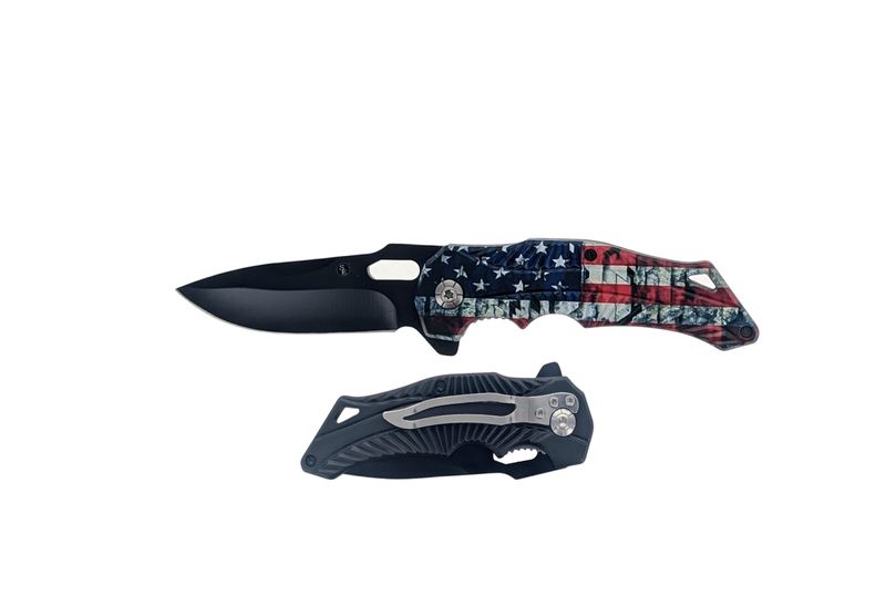 8"/3.25" Spring-Assisted Pocket Knife with USA Flag Design handle, &amp; Pocket Clip