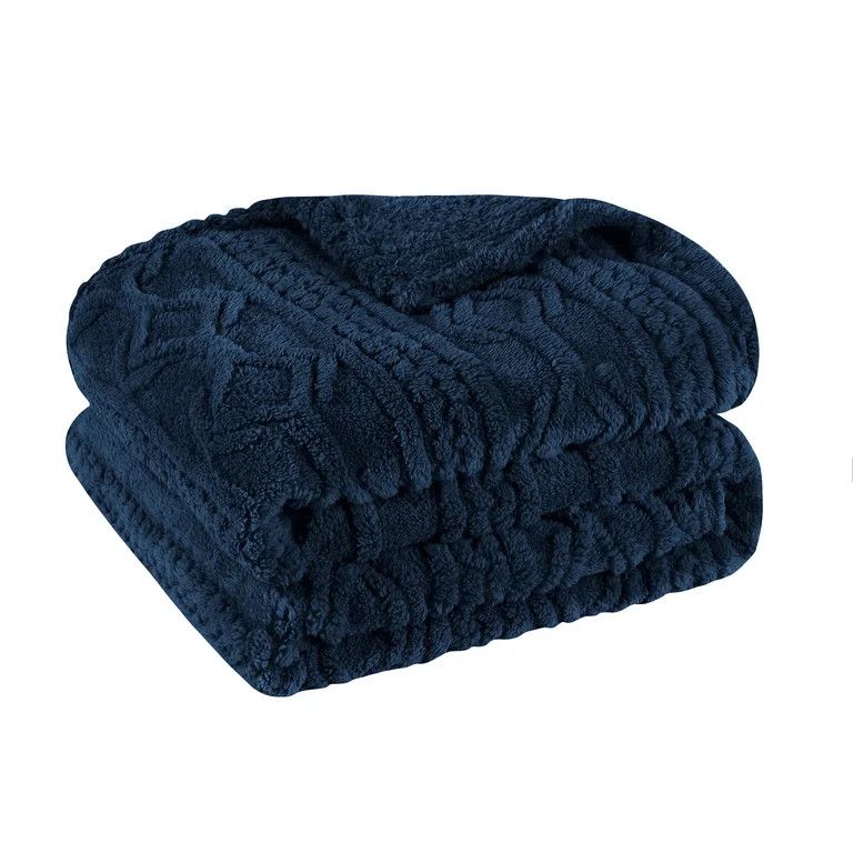 4' x 5' CABLE KNIT/SHERPA BLANKET - NAVY