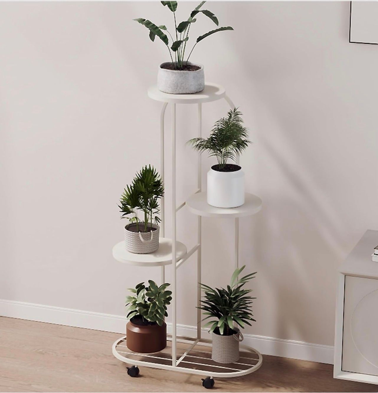Iron Plant Stand Indoor 4 Tier, Metal Plant Stand with Wheels, White