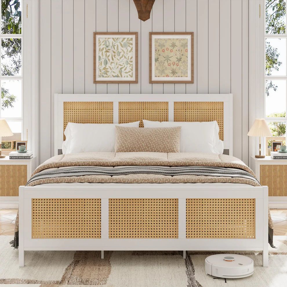 Queen Rattan Bed Frame with Headboard, White Boho