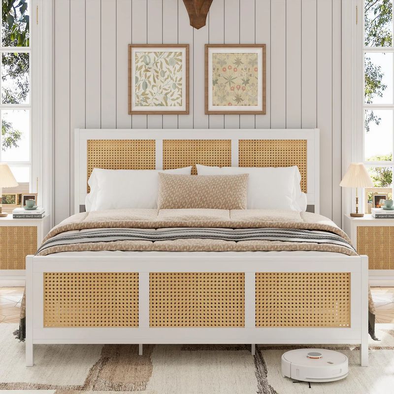 Queen Rattan Bed Frame with Headboard, White Boho