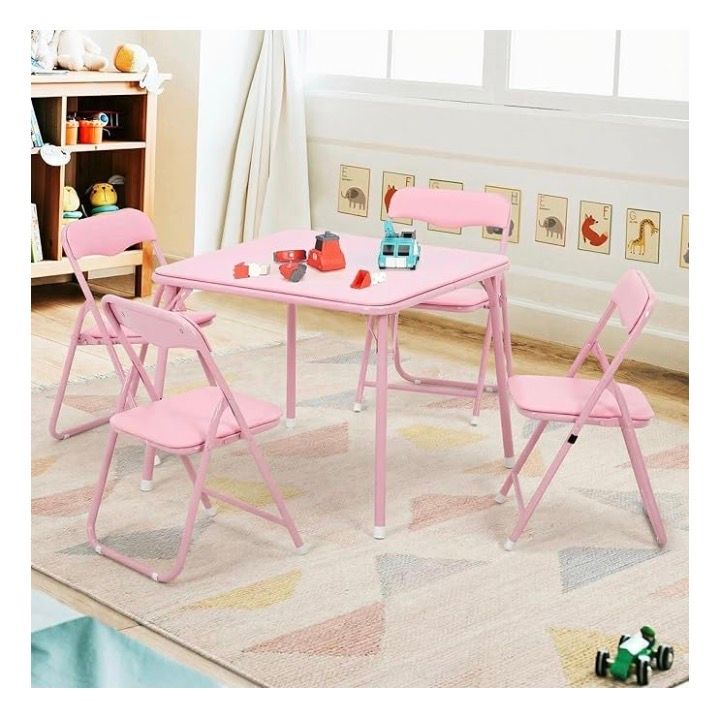 Kids Folding Table and 4 Chairs Set, Pink