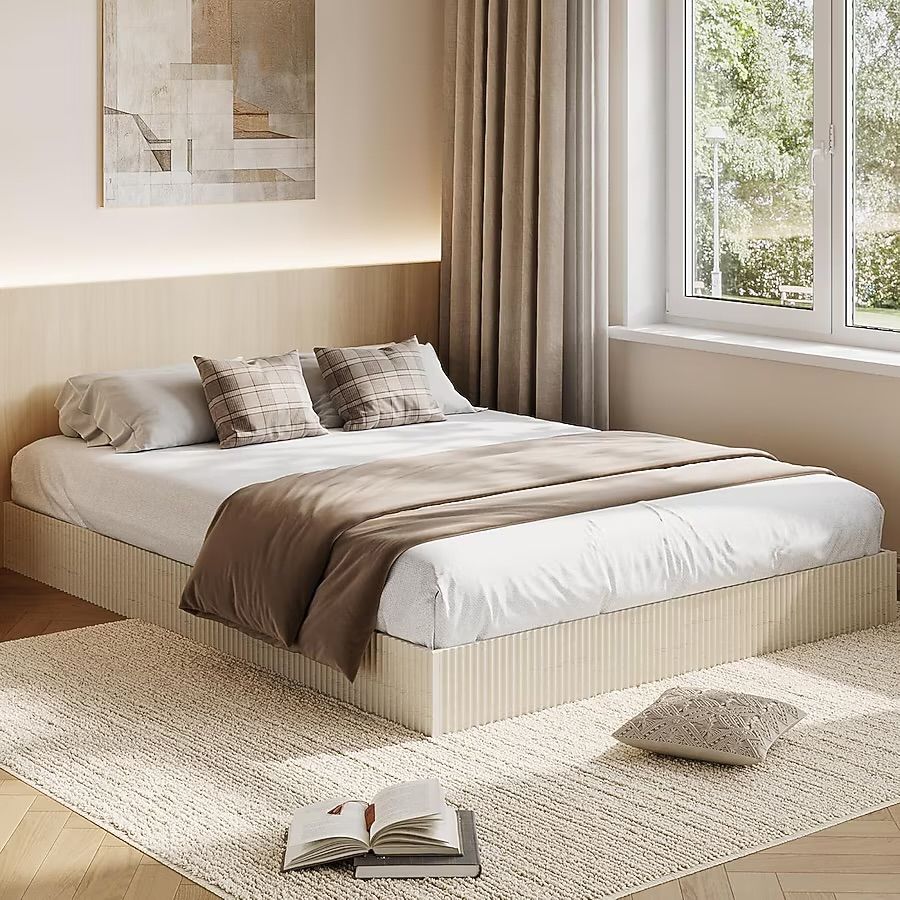Queen Wood Platform Bed Frame Modern Fluted Design Low Profile