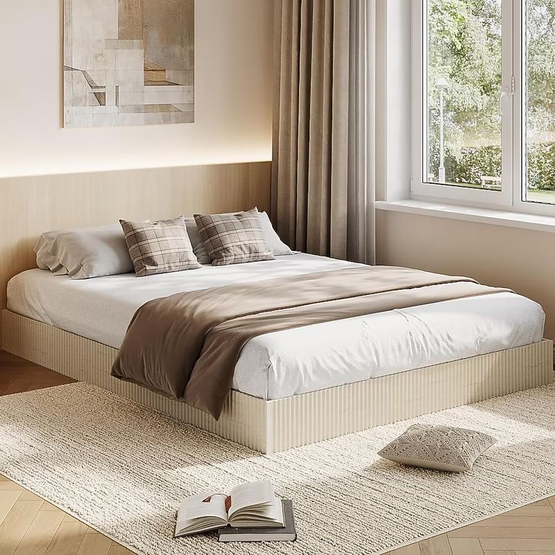 Queen Wood Platform Bed Frame Modern Fluted Design Low Profile