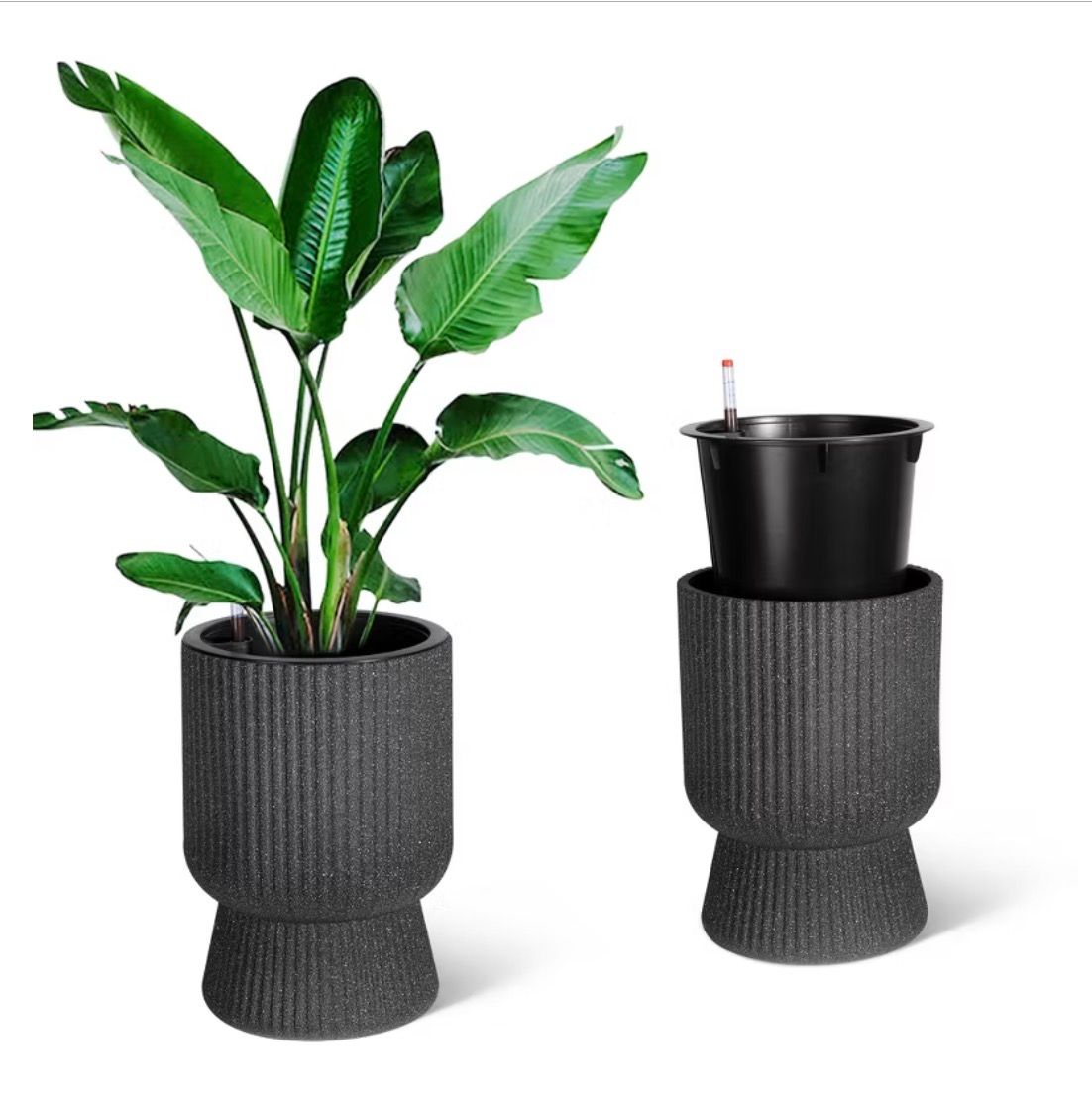 14.2" Tall Self-Watering Planters, Drk Grey- Set of 2