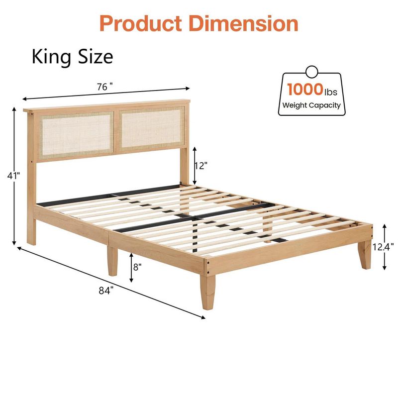 Rattan King Bed Frame, Boho King Size Bed Frame with Natural Rattan Headboard,