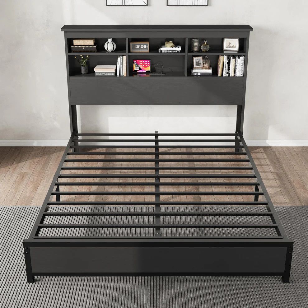 Full Platform Bed Frame with Bookcase Headboard