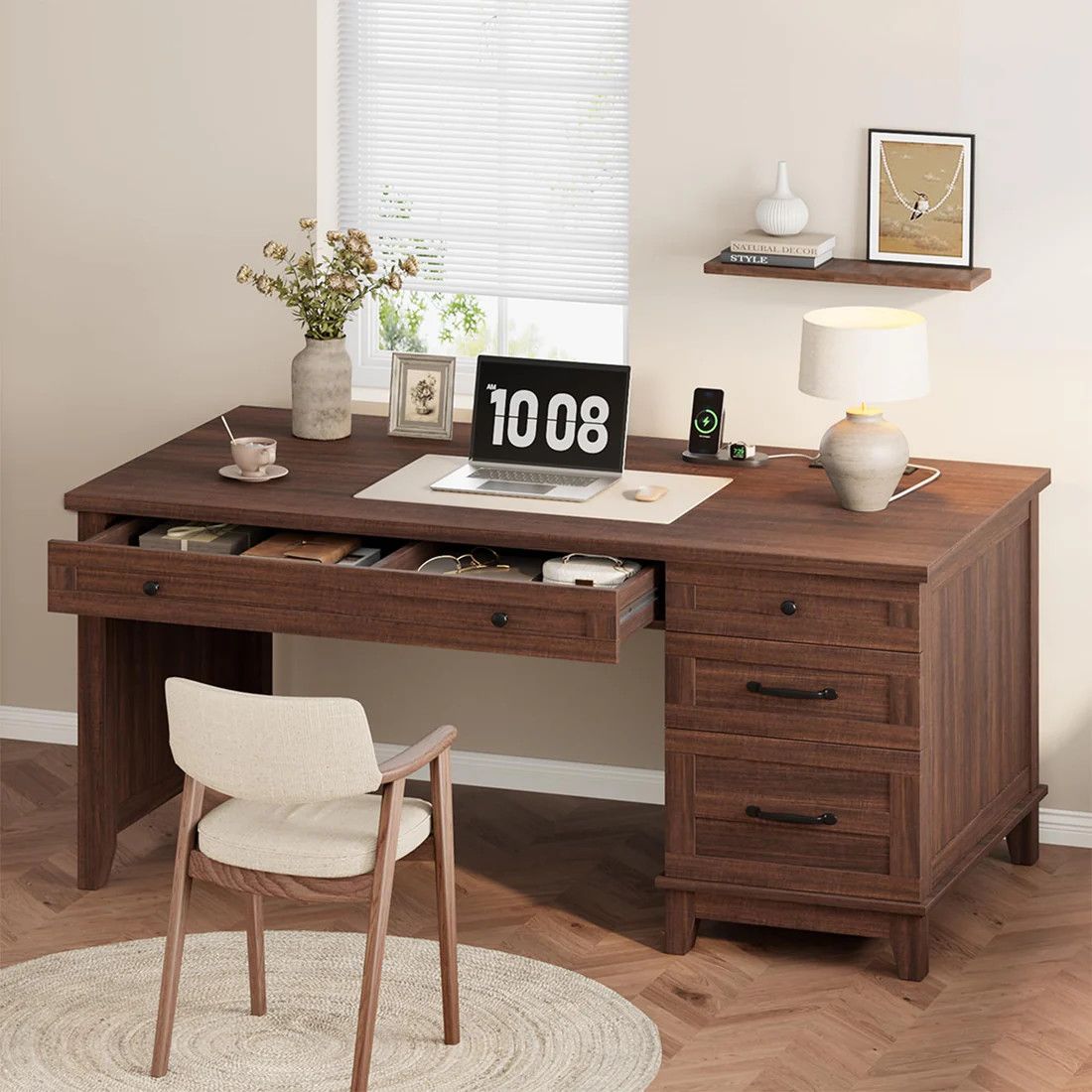 53.5" Farmhouse Executive Office Desk with Power Outlets