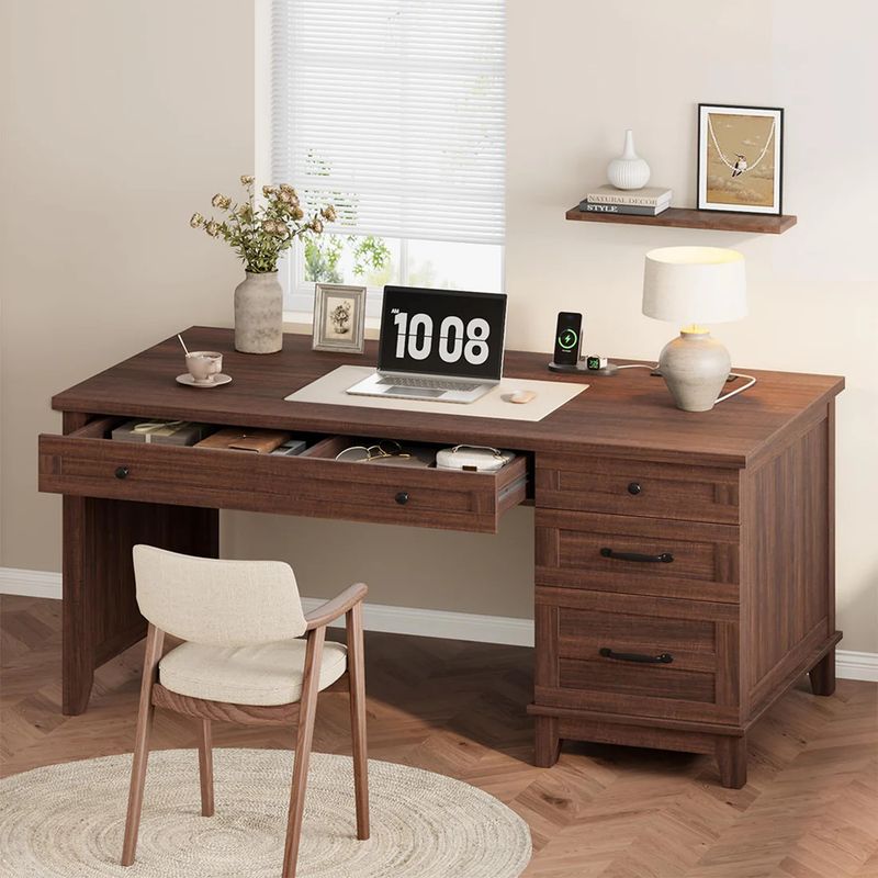 53.5" Farmhouse Executive Office Desk with Power Outlets
