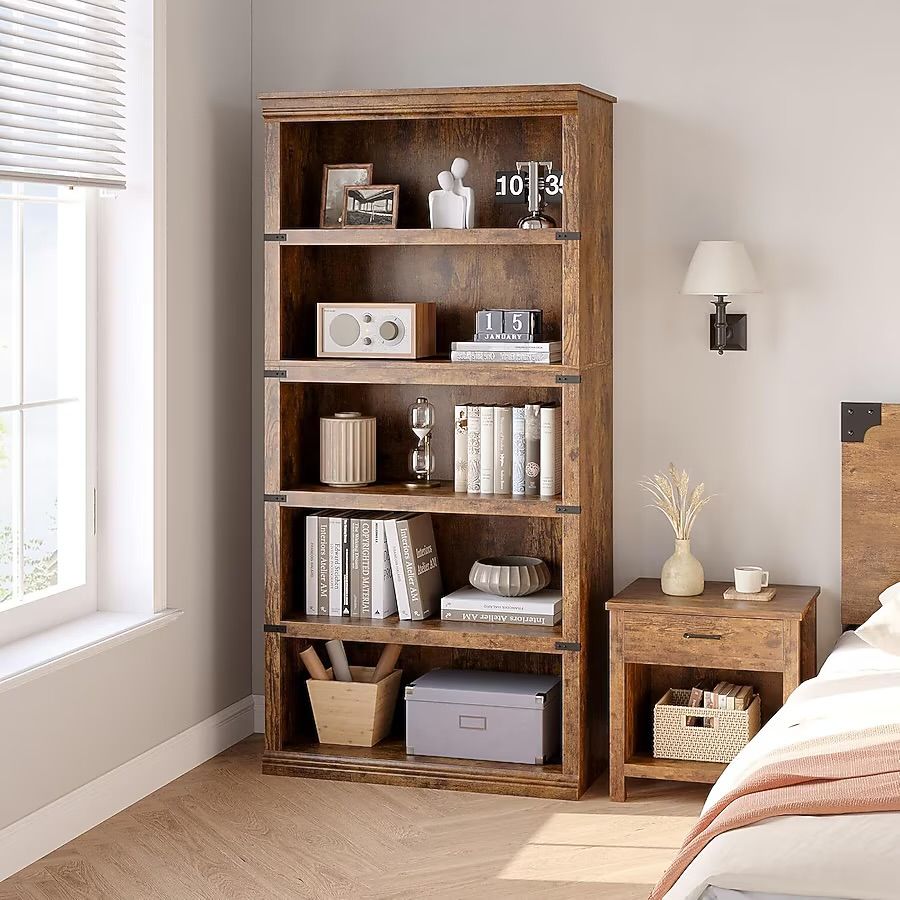 67.4in Tall Wooden 5 Tier Bookcase Farmhouse