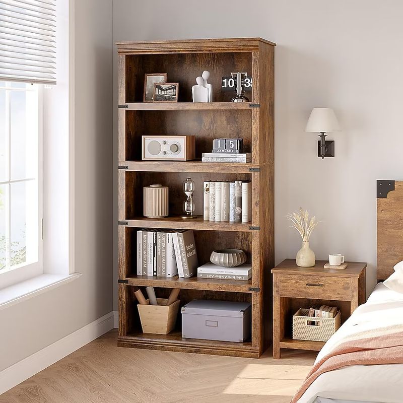 67.4in Tall Wooden 5 Tier Bookcase Farmhouse