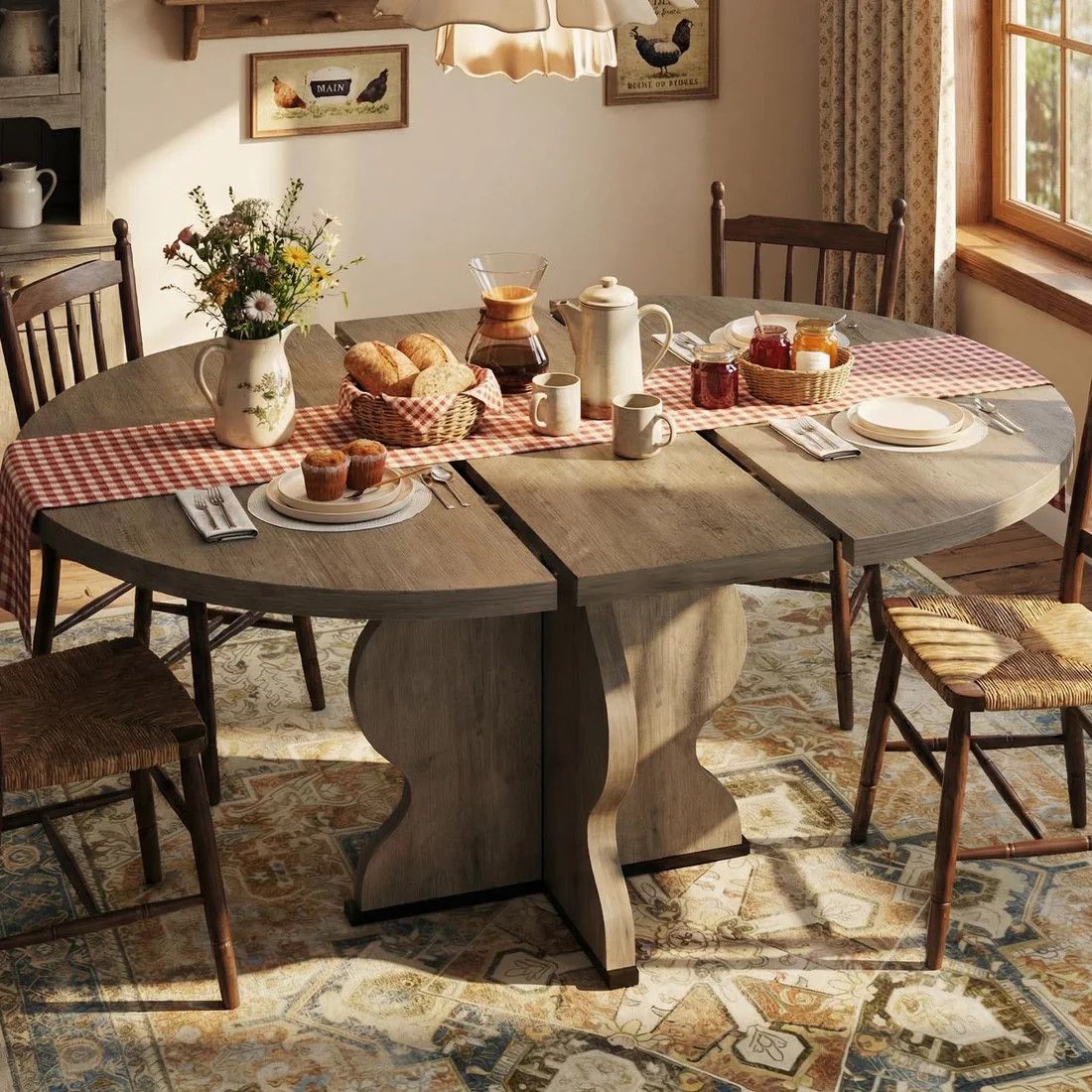 47"-63" Extendable Round Dining Room Table, Farmhouse