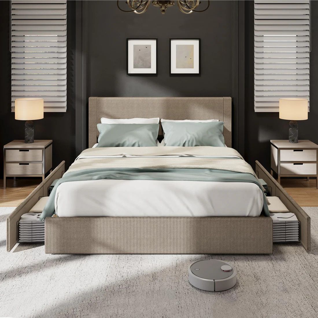 Full Size Platform Bed Frame with 4 Storage Drawers, Upholstered Corduroy Headboard
