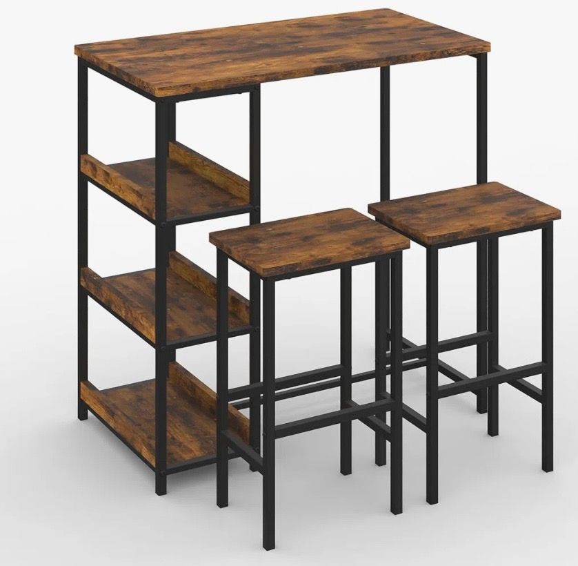 3-Piece Kitchen Table Set with Storage Shelves &amp; 2 Bar Stools