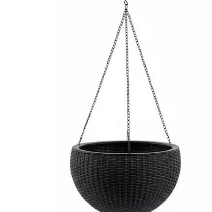 Large 13.4 in. Dia Black Plastic Hanging Basket Rattan-Inspired Planter