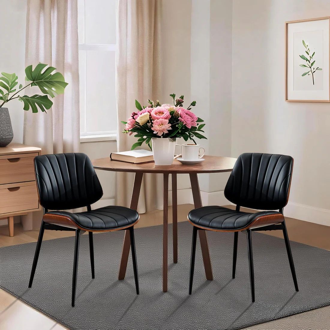 Set of 2 Mid-Century PU Leather Dining Chairs