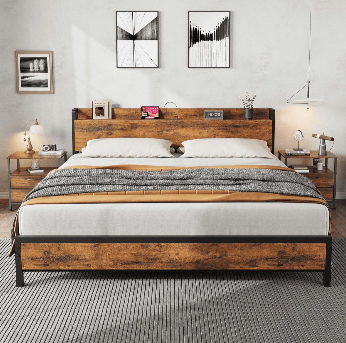 King size platform bed frame with charging station
