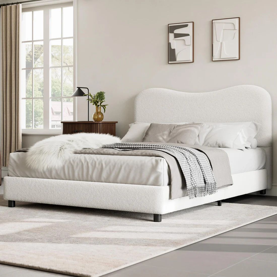 Full Size Bed Frame Upholstered Headboard Soft Low Profile