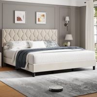 King Bed Frame with Upholstered Headboard, Beige