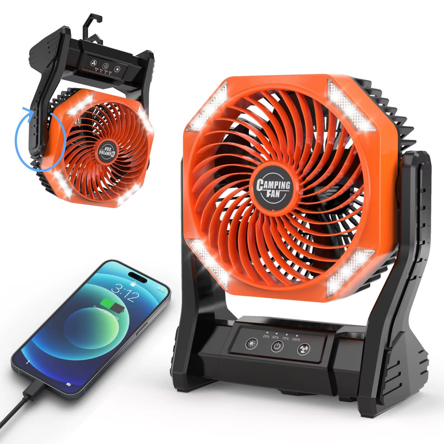 Rechargeable Camping Fan with Light Orange