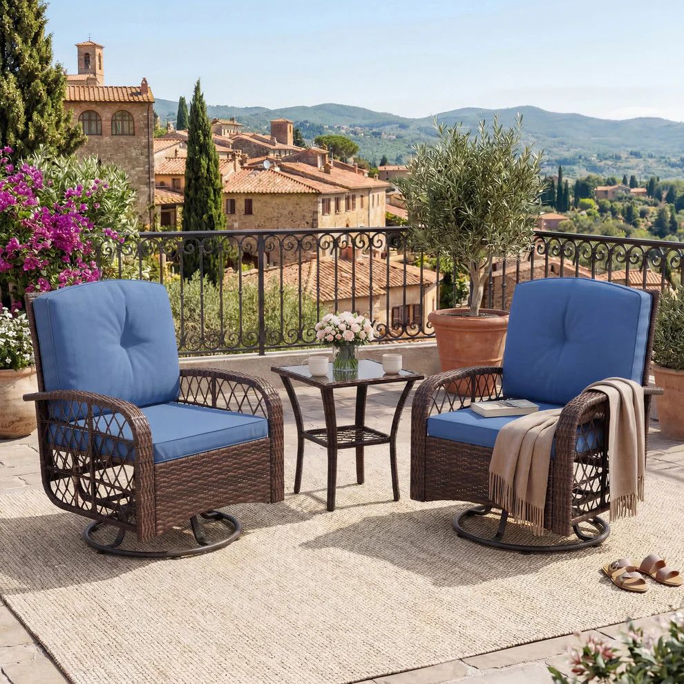 Brown and Blue 3-Piece Patio Furniture Set