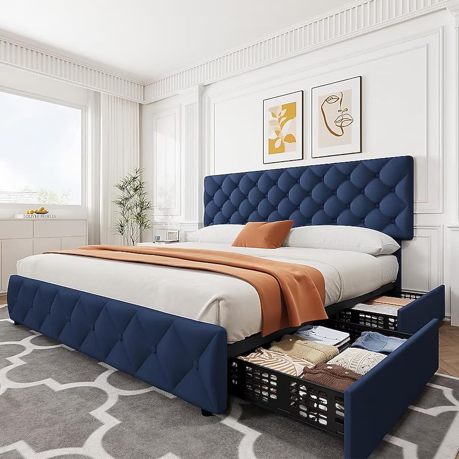 King Size Blue Linen Bed Frame with storage drawers