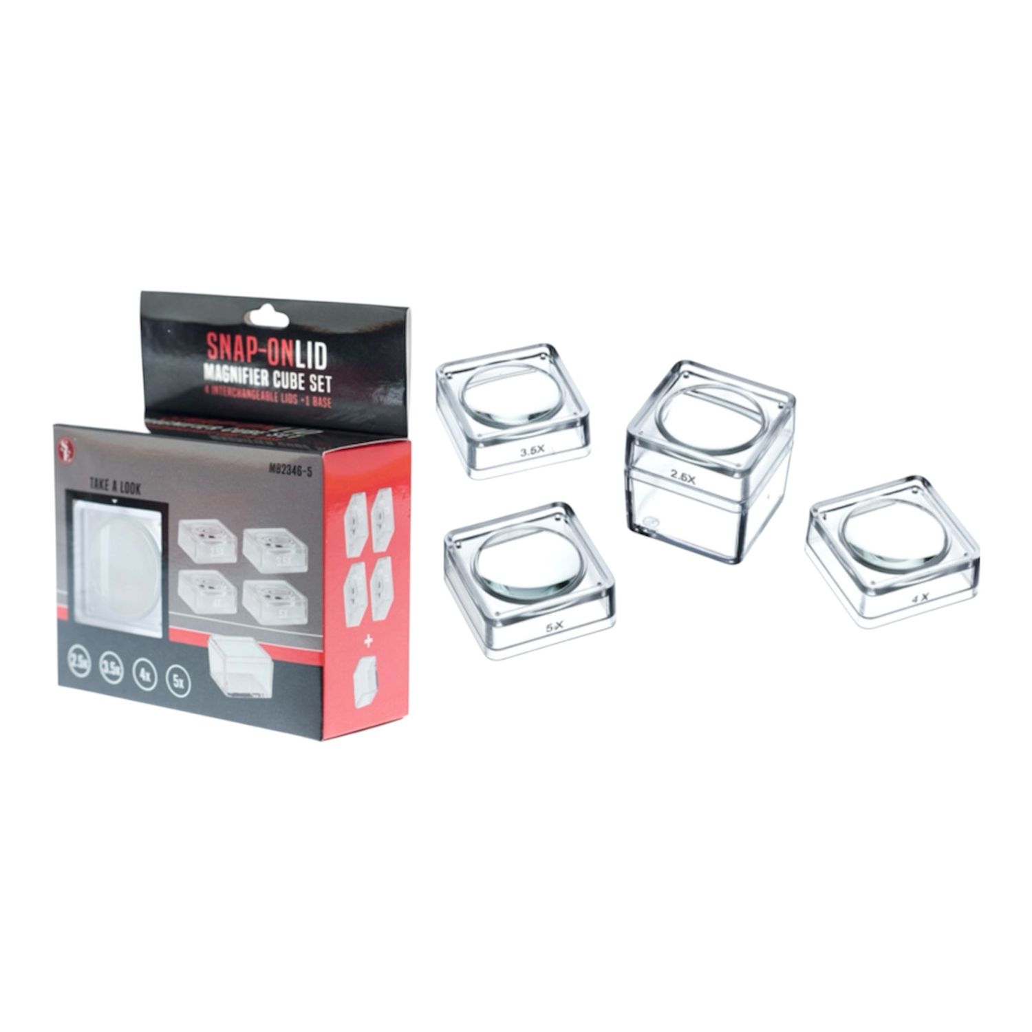 4-IN-1 Magnifier One Square Box, 4 Interchangeable Glass Lens Snap On Lids