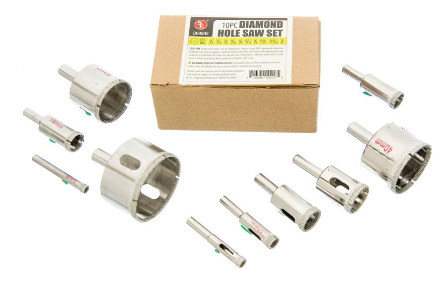 (CO)10Pc Set-80 Grit Diamond Hole Saw Set For Glass/ Stone Size 1/4" to 2"