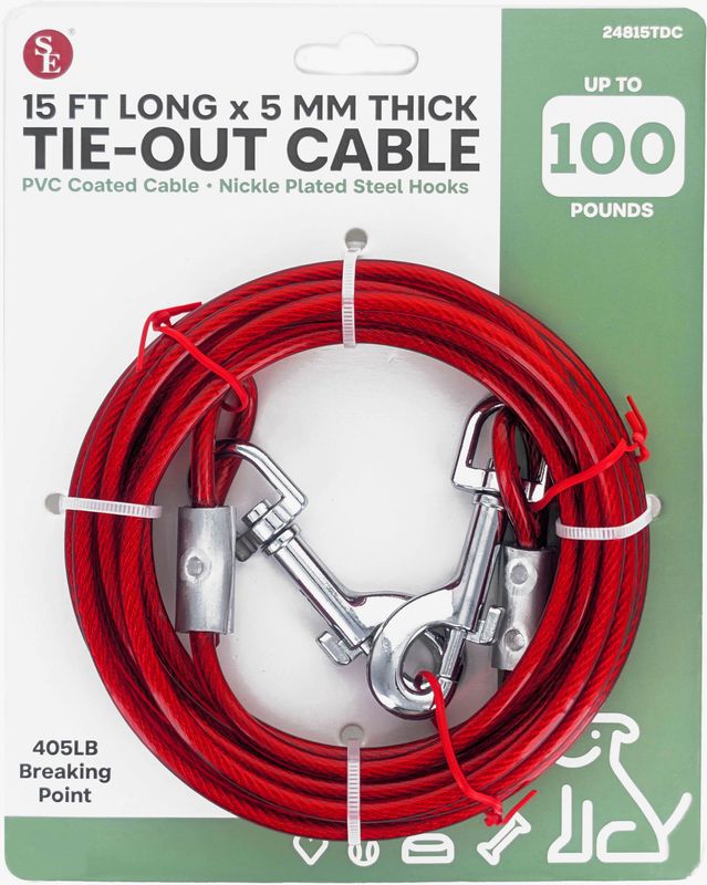 15 Feet x 5mm (13/64") Red Dog Tie-Down PVC-Coated Cable for Dogs Up to 100 LBS