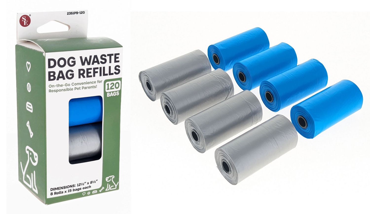 120 Bags-Dog Waste Bag Refill, 8 Rolls x 15 Bags Each,Size 12.1/2"x 8.1/2"